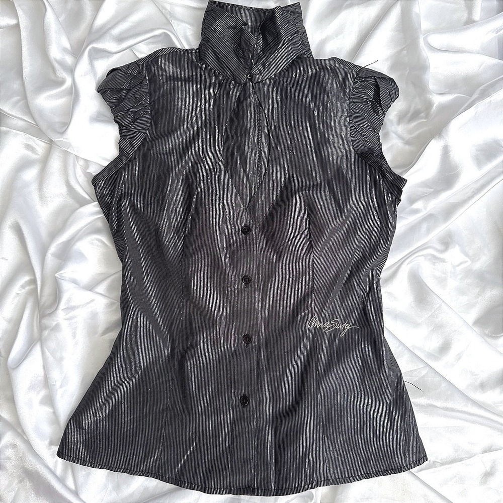 Miss Sixty Vintage Metallic Pinstripe Sleeveless High Neck Blouse Black Silver